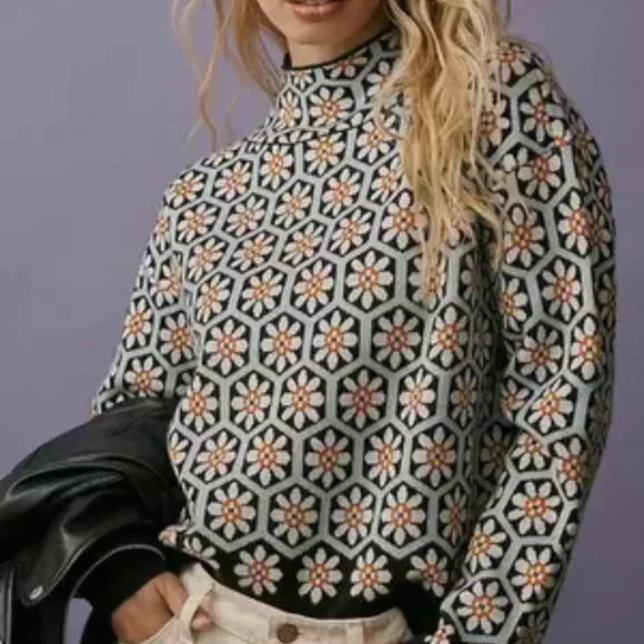 Maeve x Anthropologie The Carys Floral Sweater Blue & Cream Boho Casual Size XL - Picture 1 of 9